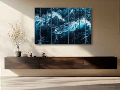 Ocean Wall Art – Deep Blue Waves Print on Wood | Rustic Nautical Decor
