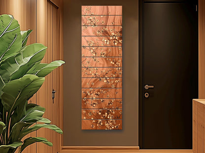 Japanese Blossoms Wall Art – Elegant Brass Inlay Floral Wood Print Decor