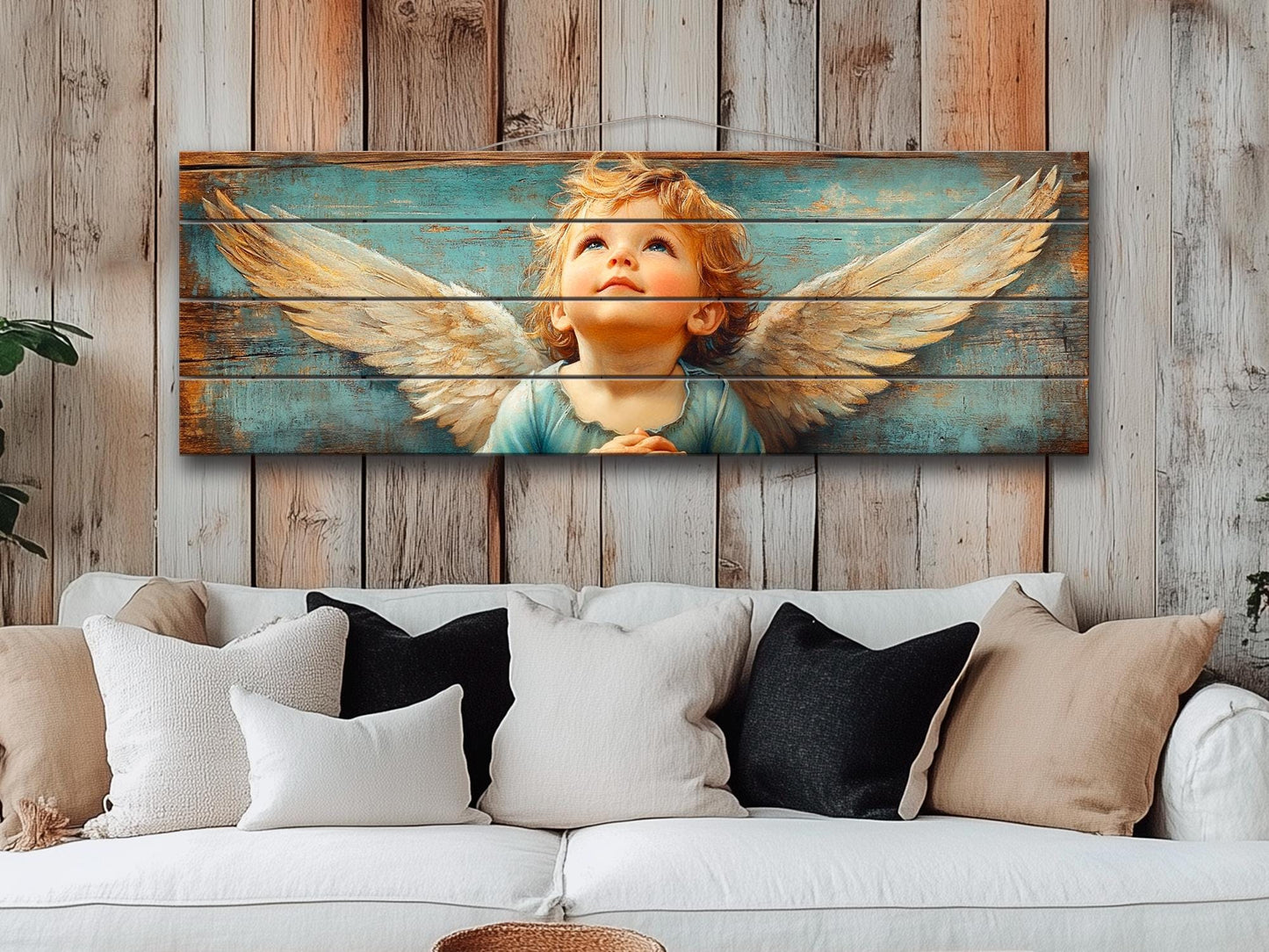 Christian Wall Art - Rustic Angel Painting on Natural Wood | Bible Wall Decor