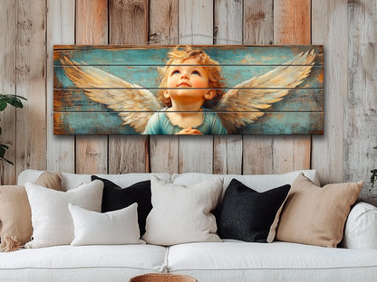 Christian Wall Art - Rustic Angel Painting on Natural Wood | Bible Wall Decor