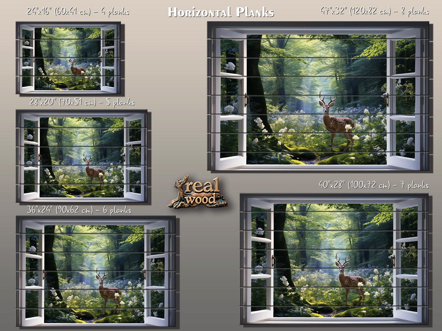 Wood Wall Art - Open Window Artwork Featuring Deer | Natural Wood Grain Decor