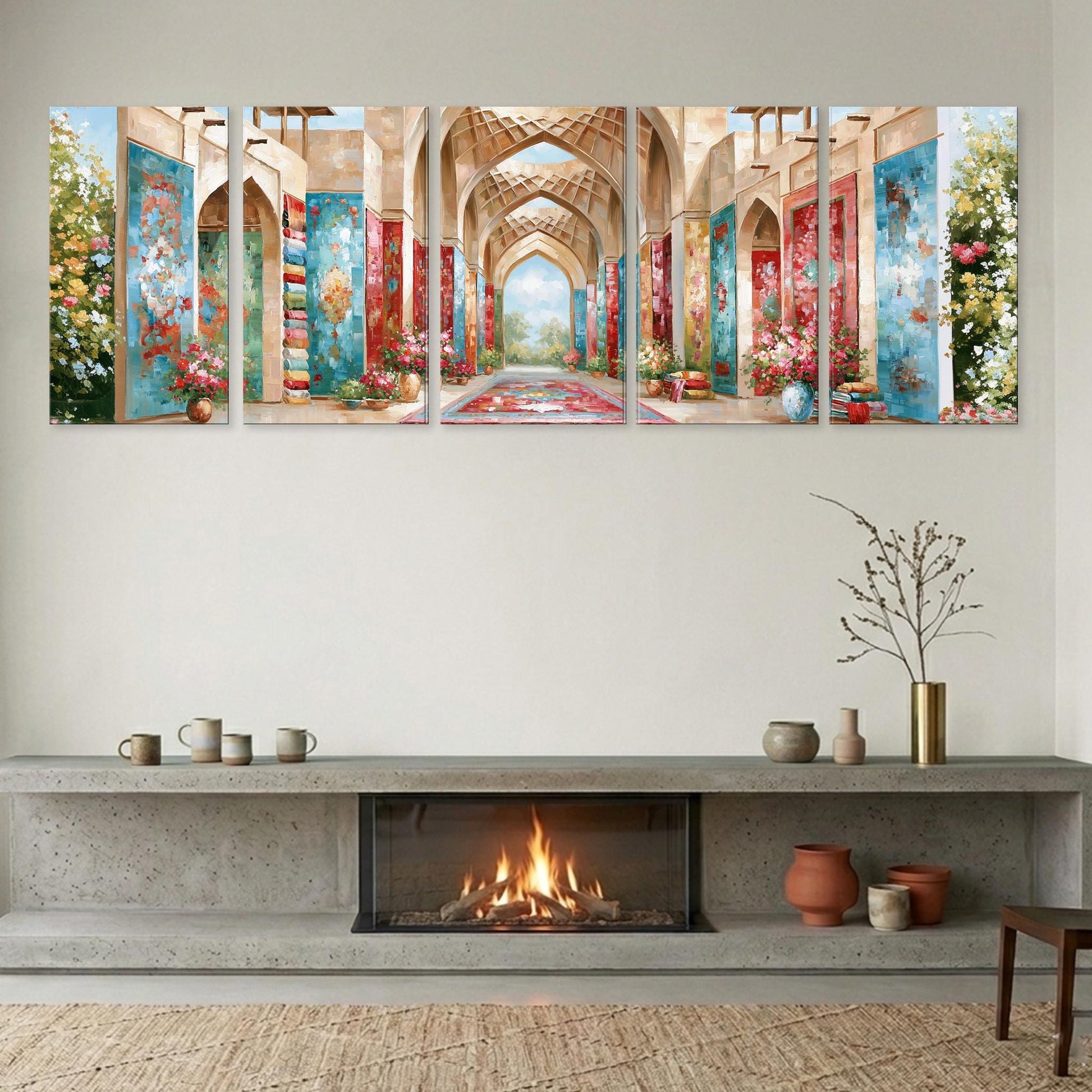 a cozy living room with a fireplace, a wooden shelf with decorative items, and a large wall art depicting an ornate, arched hallway with colorful paintings and vases.