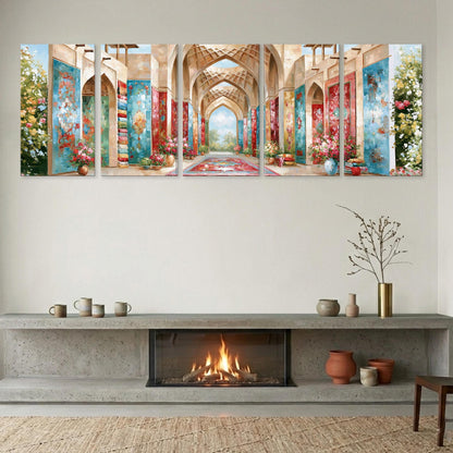 a cozy living room with a fireplace, a wooden shelf with decorative items, and a large wall art depicting an ornate, arched hallway with colorful paintings and vases.