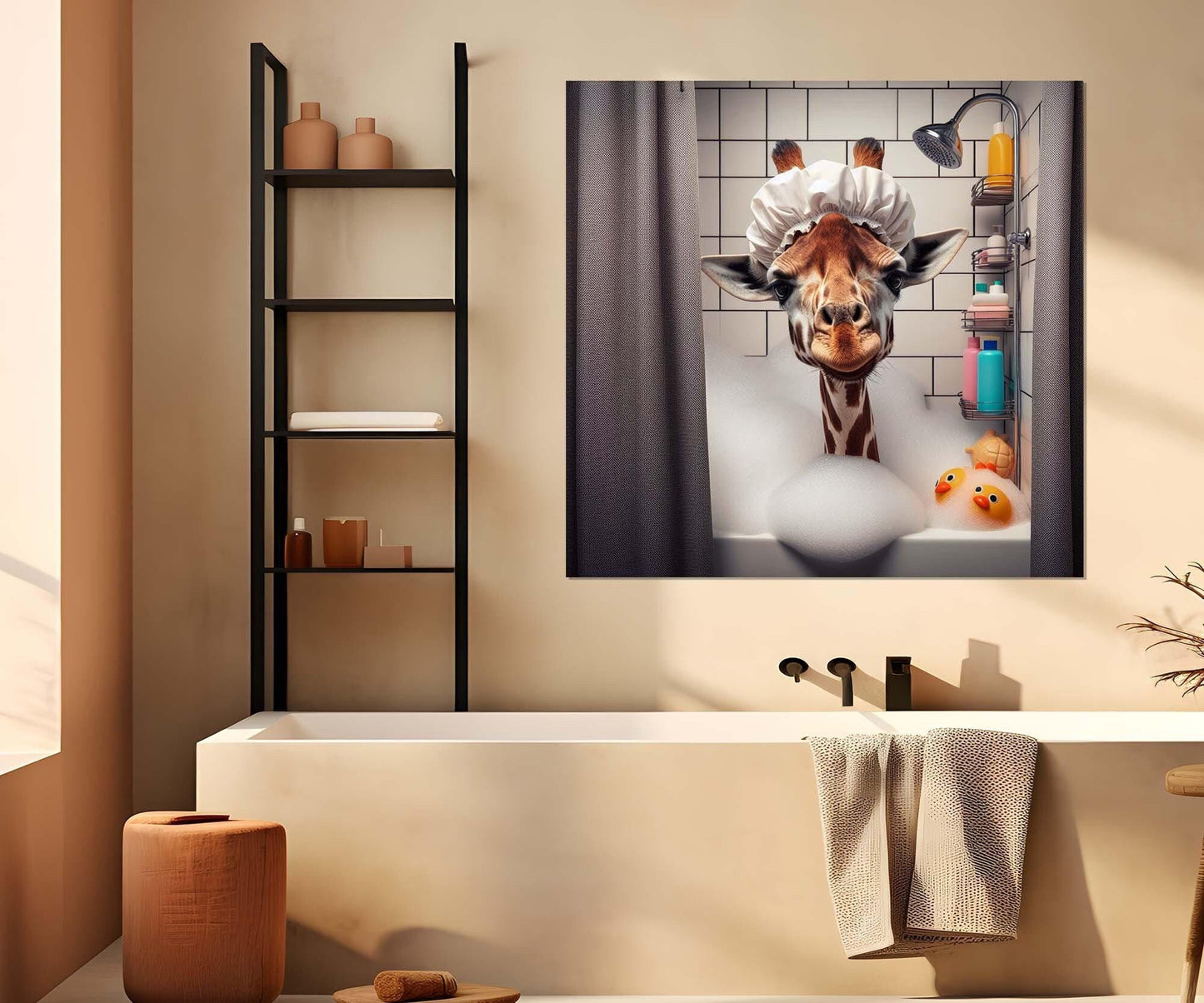 Giraffe Bathroom Art – Cute Animal Canvas With Wood Frame, Nursery Wall Decor