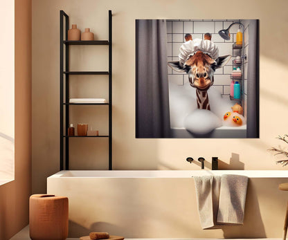 Giraffe Bathroom Art – Cute Animal Canvas With Wood Frame, Nursery Wall Decor