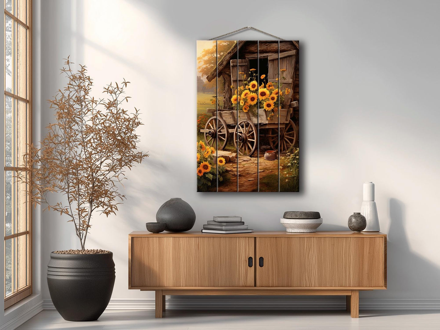 Rustic Sunflower Wall Art – Handcrafted Wooden Sunflower Print on Wood Panel