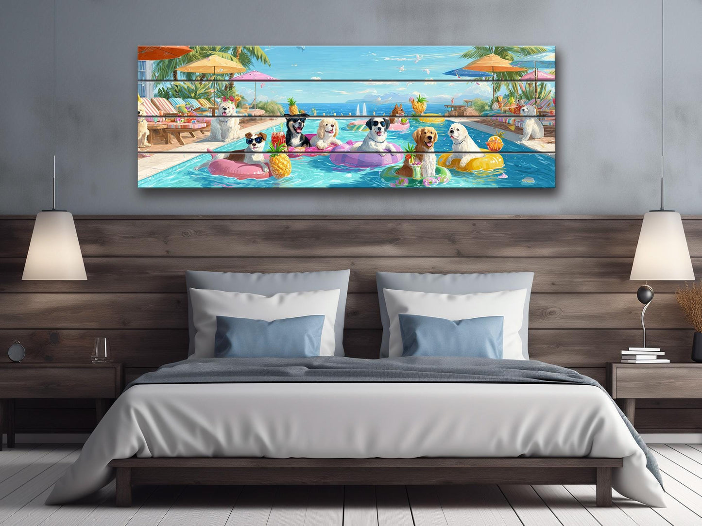 Dog Pool Wall Art – Colorful Summer Dog Print on Natural Wood – Playful Party Scene