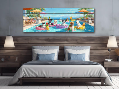 Dog Pool Wall Art – Colorful Summer Dog Print on Natural Wood – Playful Party Scene
