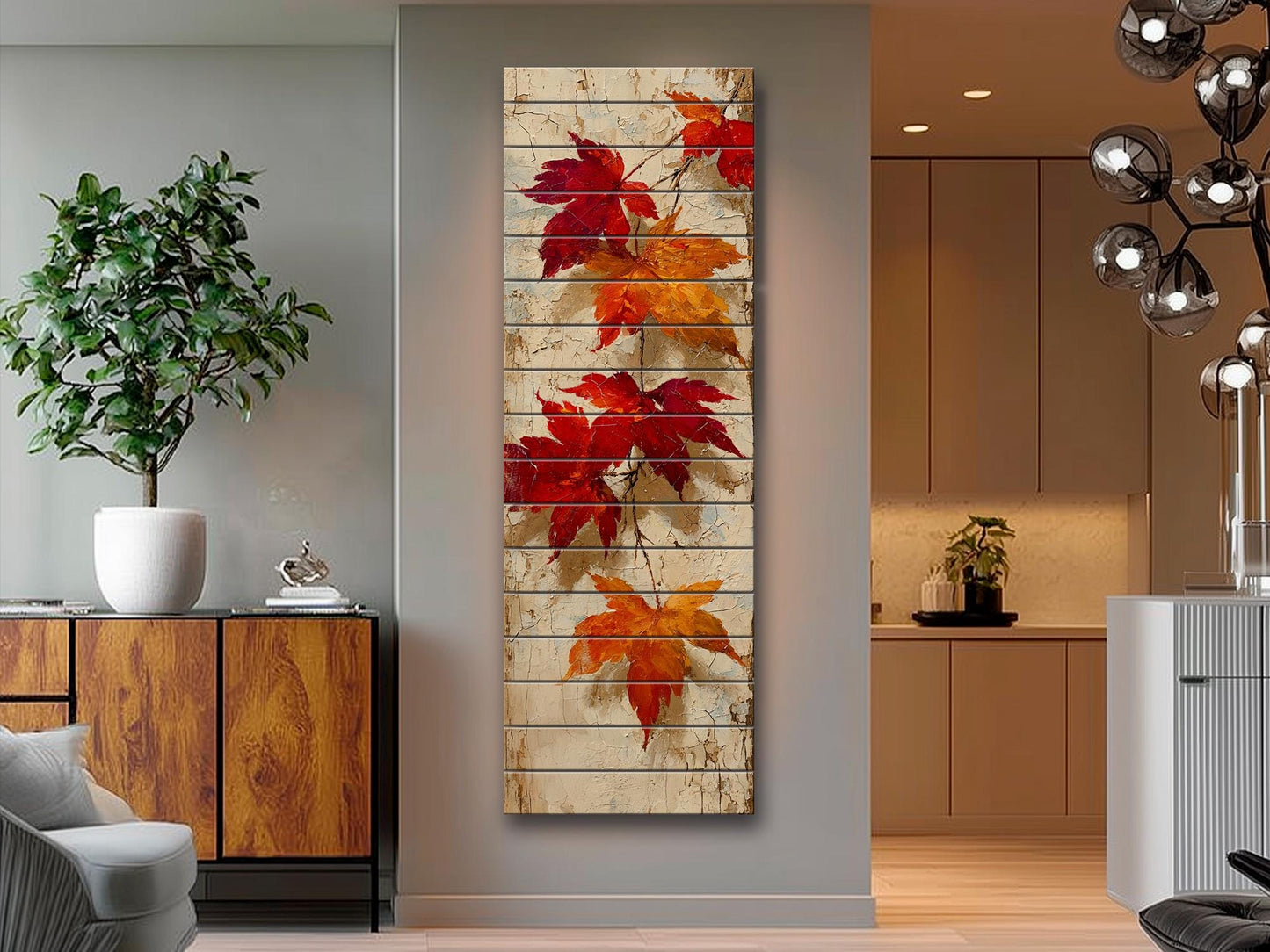 Rustic Wooden Wall Art – Falling Maple Leaves Print on Natural Wood Planks