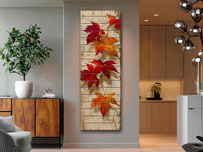 Rustic Wooden Wall Art – Falling Maple Leaves Print on Natural Wood Planks