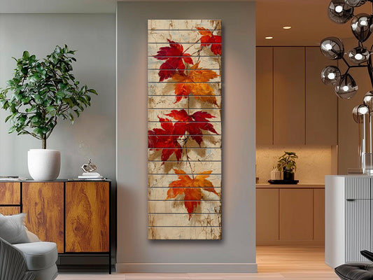 Rustic Wooden Wall Art – Falling Maple Leaves Print on Natural Wood Planks
