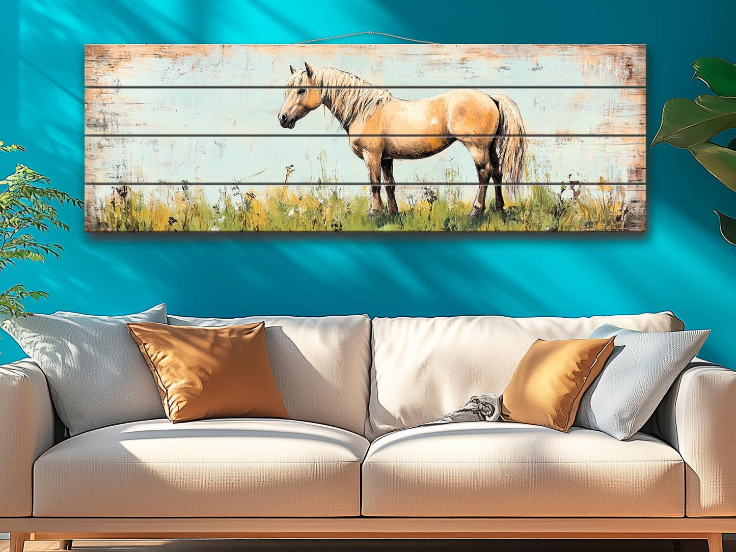 Rustic Wood Wall Art - Pony in a Grassy Field Print on Natural Wood, Horse Painting, Horses Wall Art, Pony Poster, Farmhouse Wall Decor
