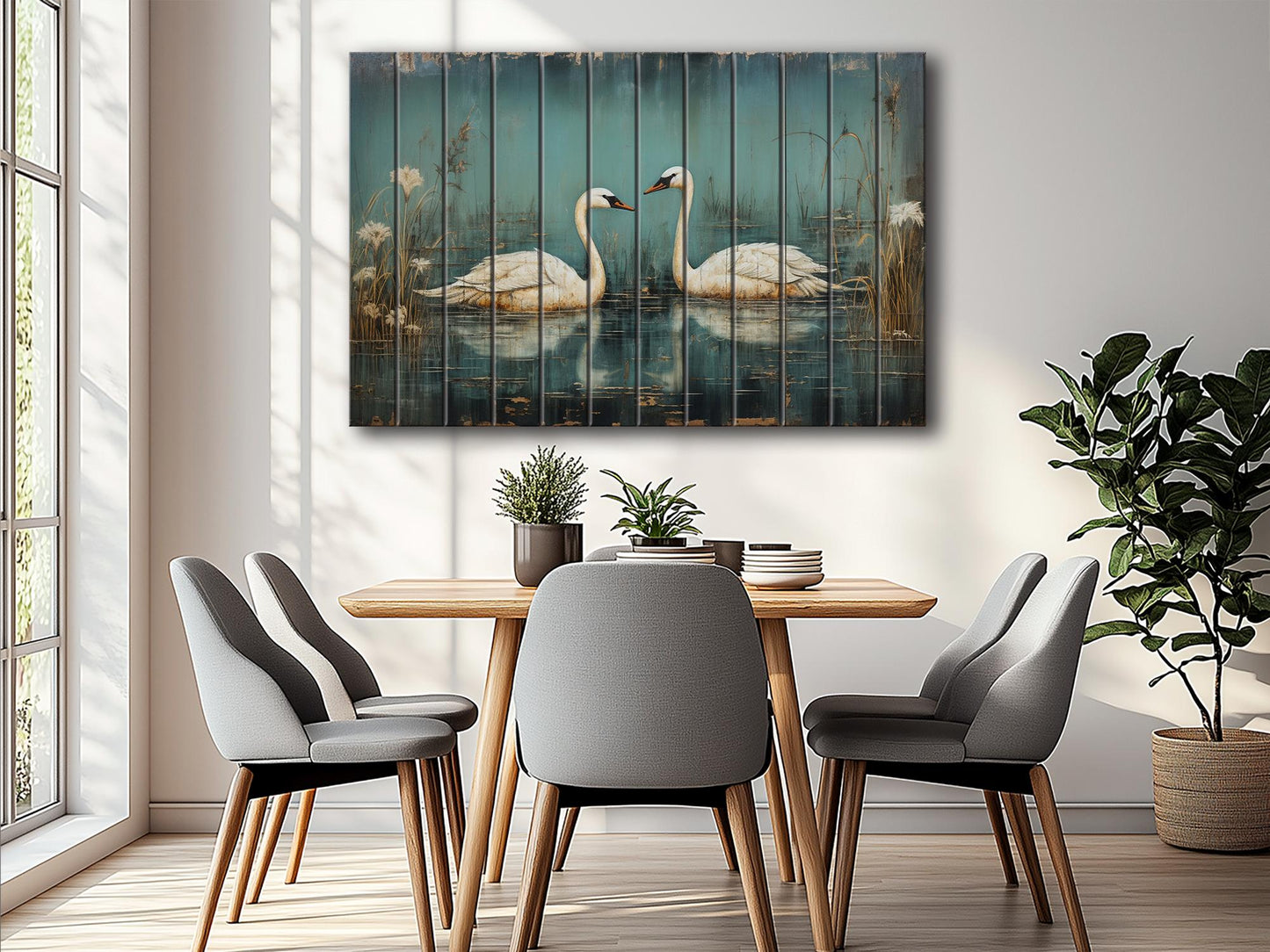Rustic Swan Art Printed on Wood, Love Wall Art, Swans in Love Painting, Anniversary Gift, Romantic Gift, Bedroom Decor
