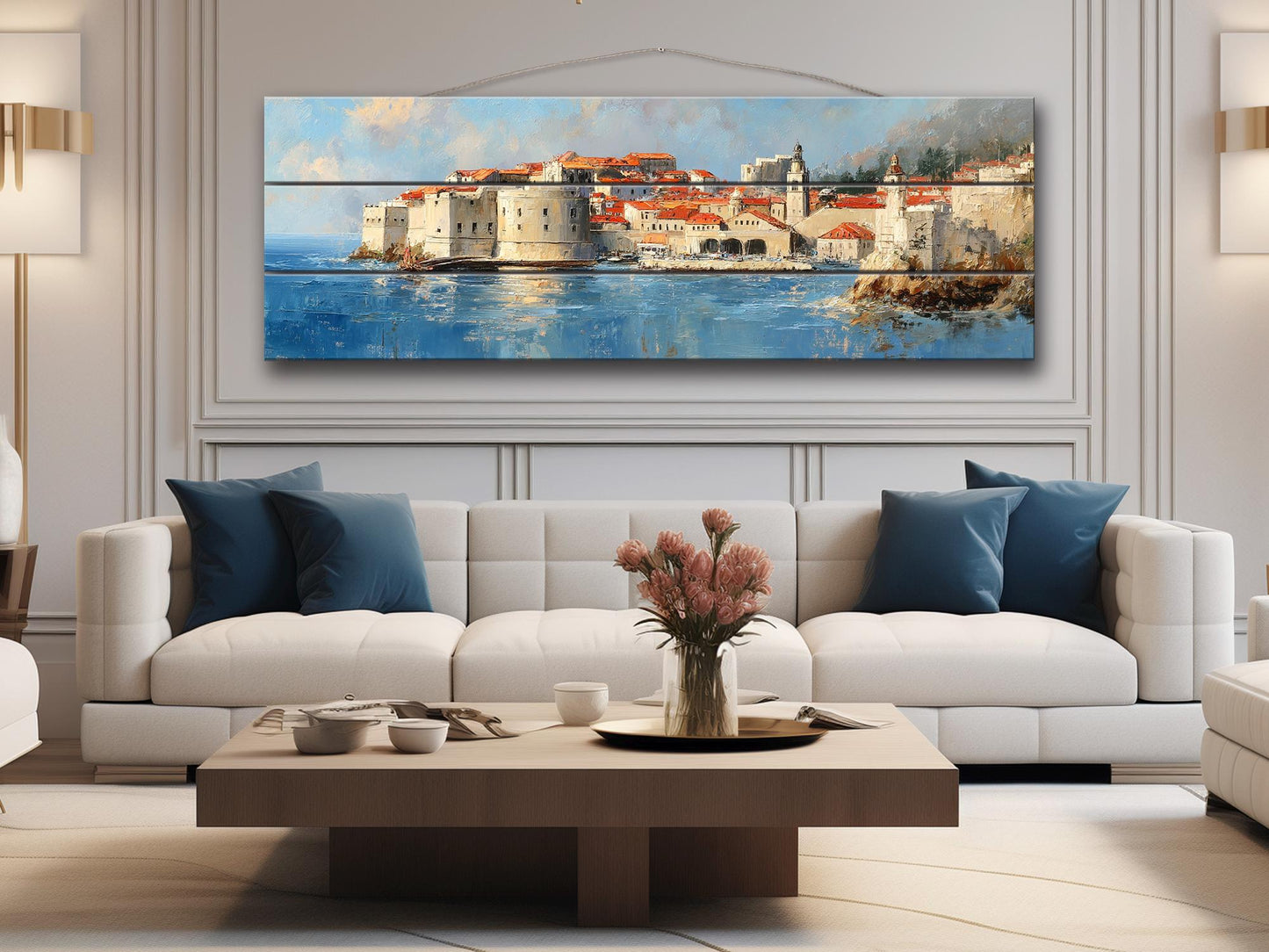 Dubrovnik Wood Print – Rustic Coastal Wall Art With Beige Sunlight Painting