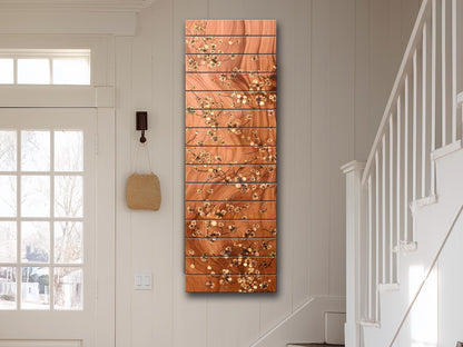 Japanese Blossoms Wall Art – Elegant Brass Inlay Floral Wood Print Decor