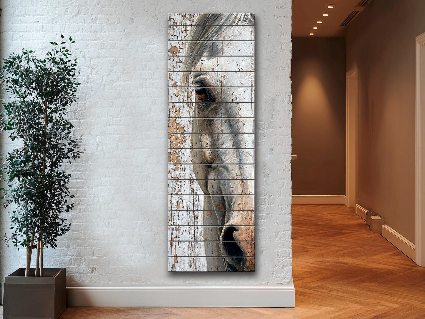 Rustic Wood Wall Art – Horse Portrait Print on Textured Wood Panel for Cozy Farmhouse Decor