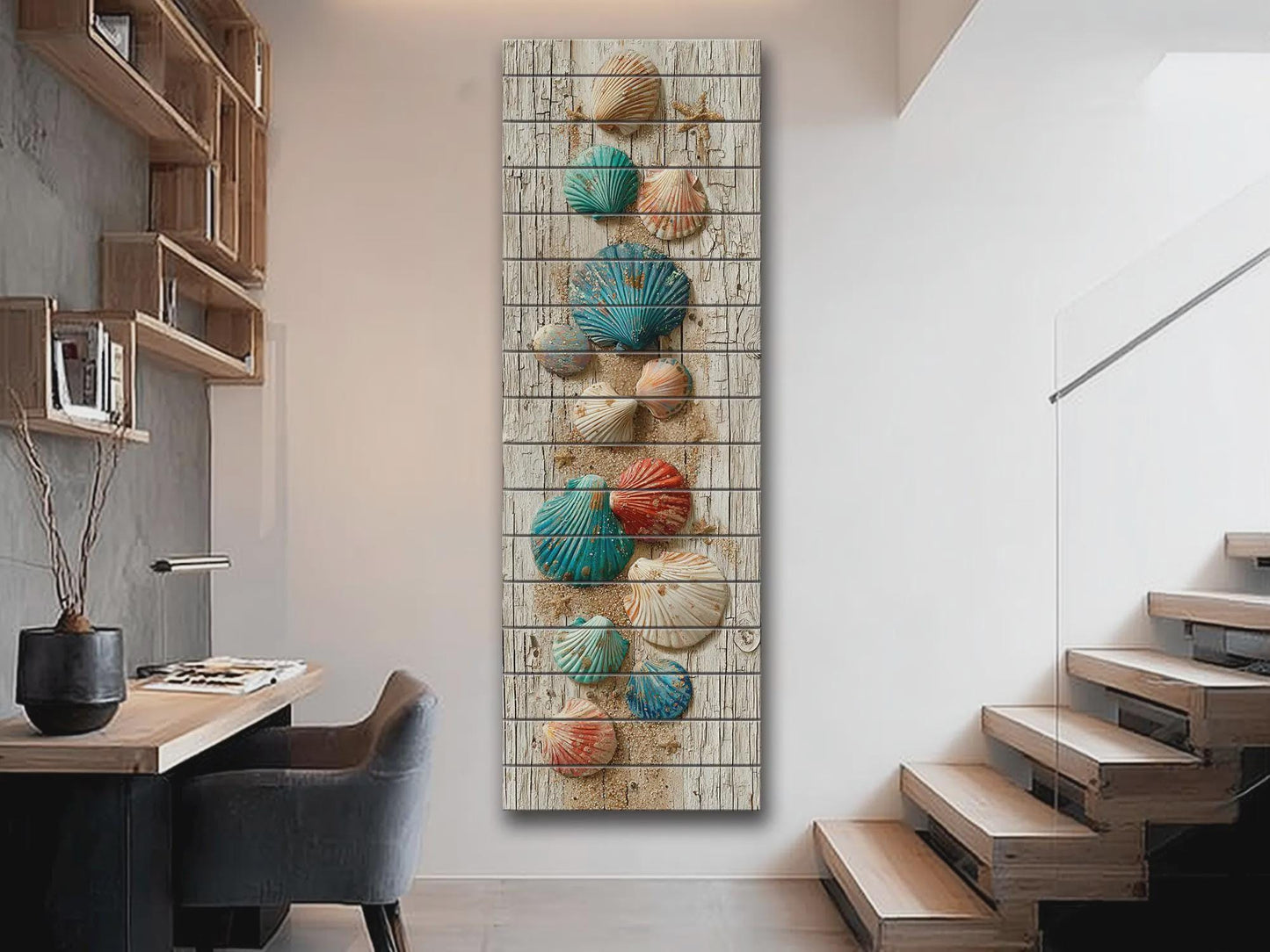 Rustic Wood Wall Art – Coastal Seashell Print on Natural Wood Planks