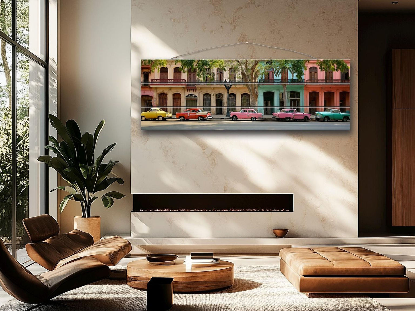 a modern living room with a large window, a fireplace, and a flat-screen TV mounted on the wall. The TV is displaying a colorful street scene with vintage cars parked along the street.