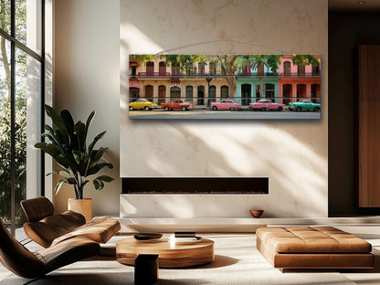 a modern living room with a large window, a fireplace, and a flat-screen TV mounted on the wall. The TV is displaying a colorful street scene with vintage cars parked along the street.