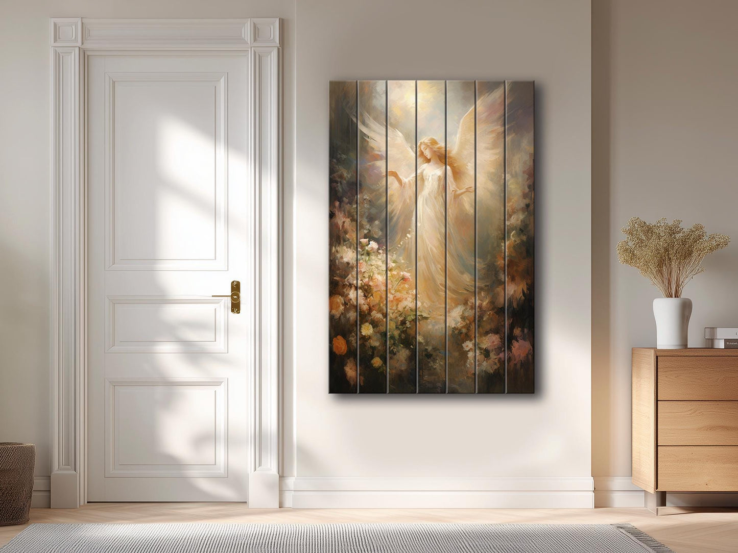 Angel Wood Print – Rustic Spiritual Art on Natural Wood Planks | Religious Wall Decor