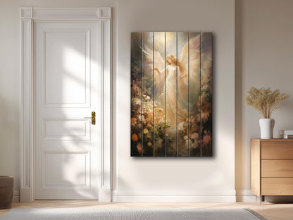 Angel Wood Print – Rustic Spiritual Art on Natural Wood Planks | Religious Wall Decor