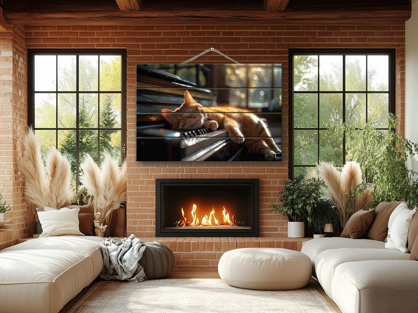 Wooden Wall Art – Orange Cat Sleeping On Piano | Natural Wood Print Decor