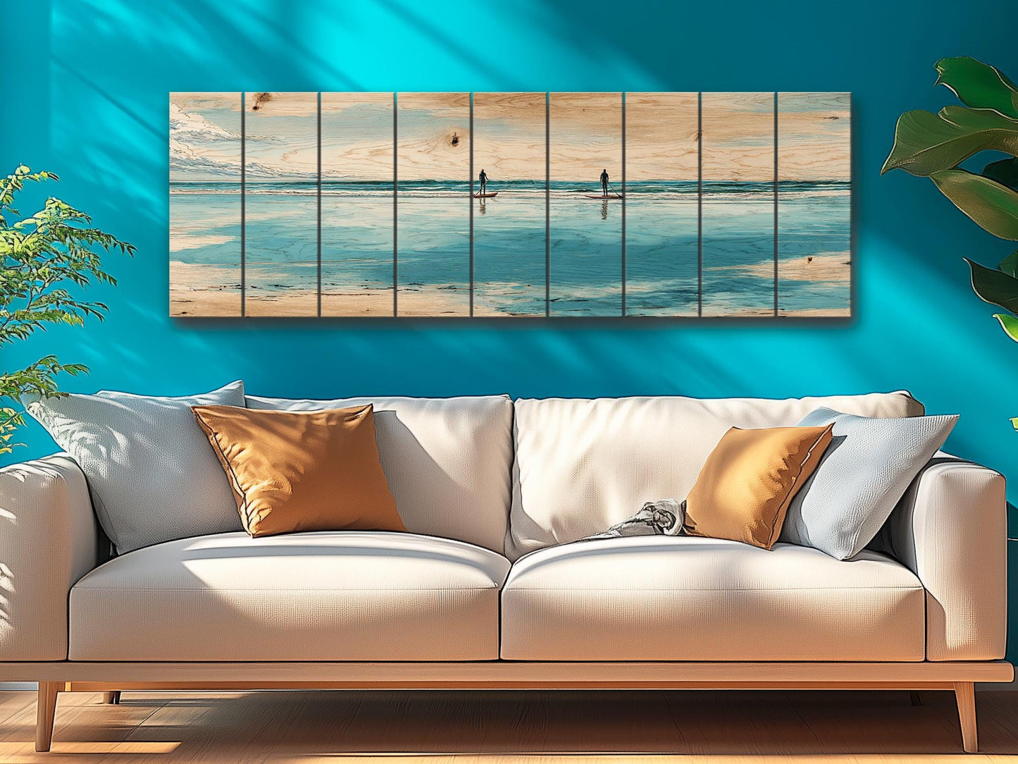 Paddleboarding Wall Art – Nautical Coastal Print on Natural Wood | Rustic Beach House Decor