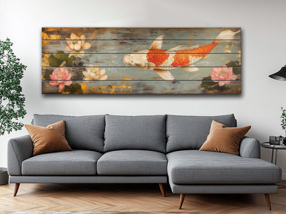 Wood Wall Art - Koi Fish Painting Printed on Wood, Fishing Wall Art, Koi Fish Poster, Fisherman Gift, Cabin Wall Decor, Fishing Lodge Decor