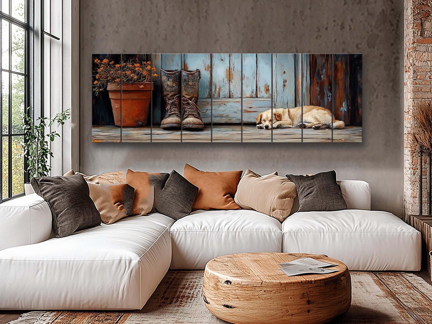Wood Wall Art – Sleeping Dog Print on Natural Wood Plank | Rustic Farmhouse Decor