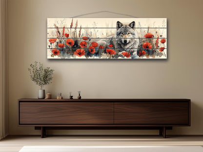 Wolf Wood Wall Art – Rustic Wood Print with Red Poppies and Wildlife Decor