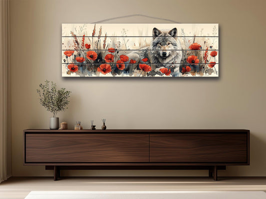 Wolf Wood Wall Art – Rustic Wood Print with Red Poppies and Wildlife Decor