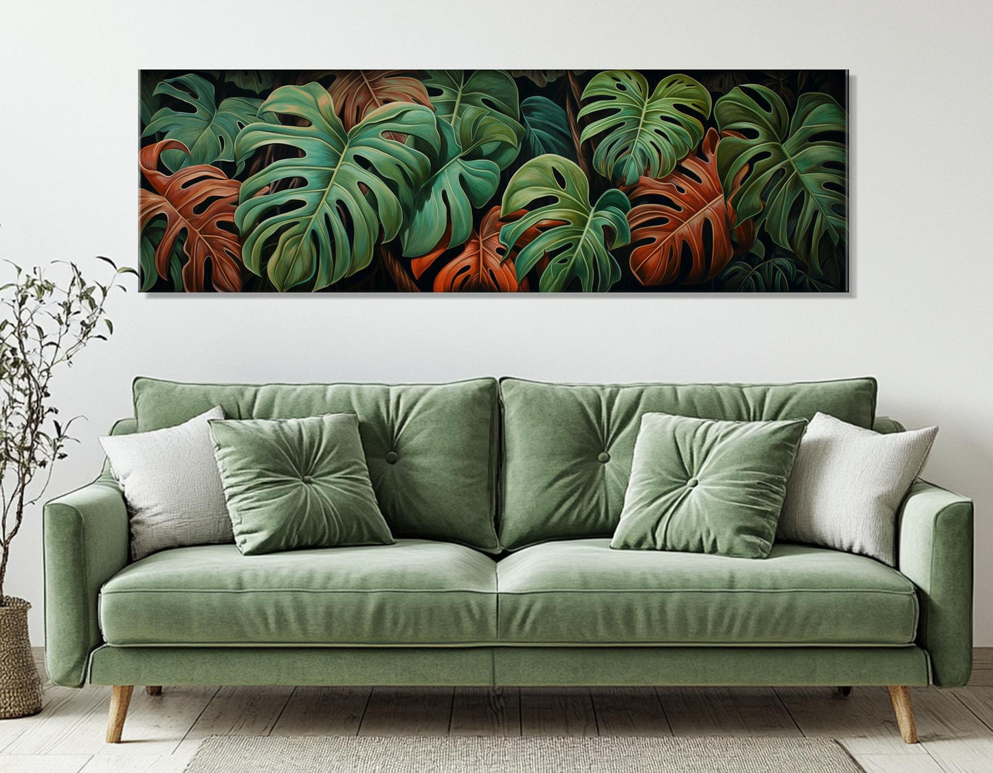 Philodendron Leaves Canvas – Framed Canvas Wall Decor with Rustic Wildflowers Print on Cotton