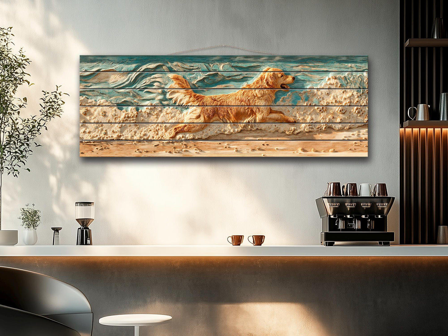 Golden Retriever Wall Art – Rustic Pet Painting on Textured Wood Panel, Cozy Home Decor