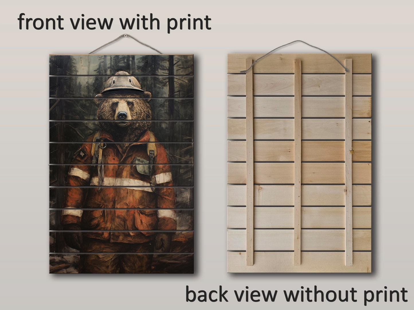 Rustic Fireman Bear Print on Natural Wood – Nursery Animal Wall Art