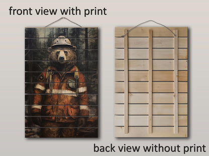 Rustic Fireman Bear Print on Natural Wood – Nursery Animal Wall Art