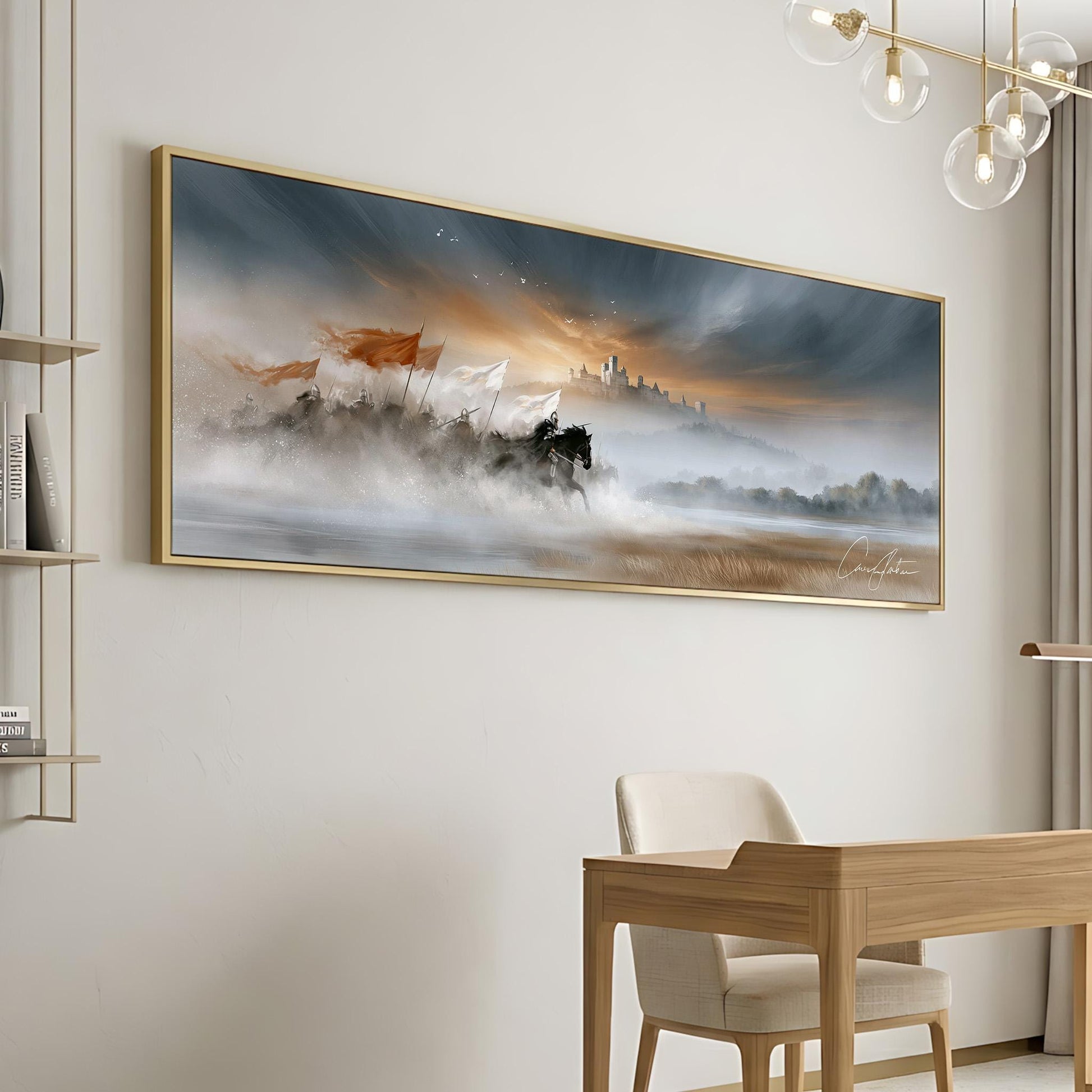 a large, framed painting hanging on a white wall in a room with a wooden desk and chair in the foreground.