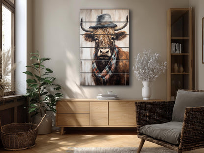 Rustic Wood Wall Art – Highland Cow Artwork on Natural Wood Planks | Farmhouse Wall Decor