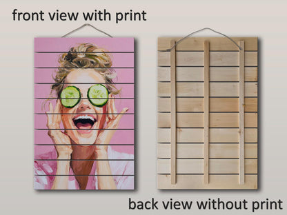 Spa Print Wood - Blonde Woman Cucumber Spa Print on Natural Wood Wall Art