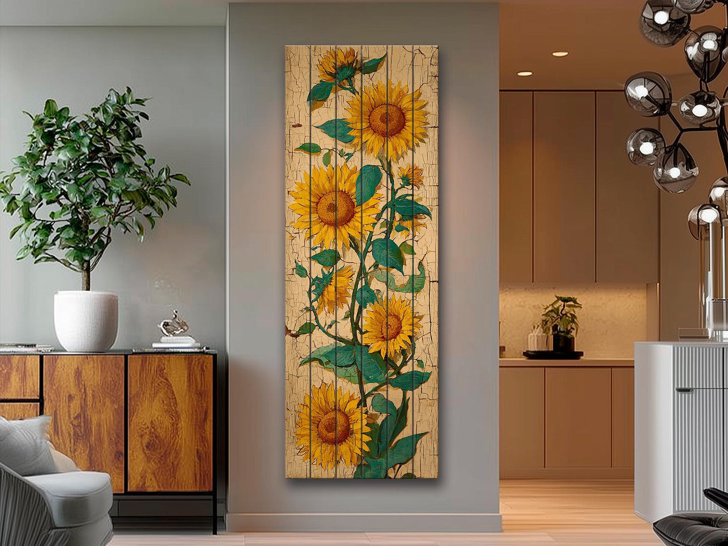 Sunflowers Wood Art – Rustic Wall Decor | Vibrant Floral Print on Natural Wood Planks