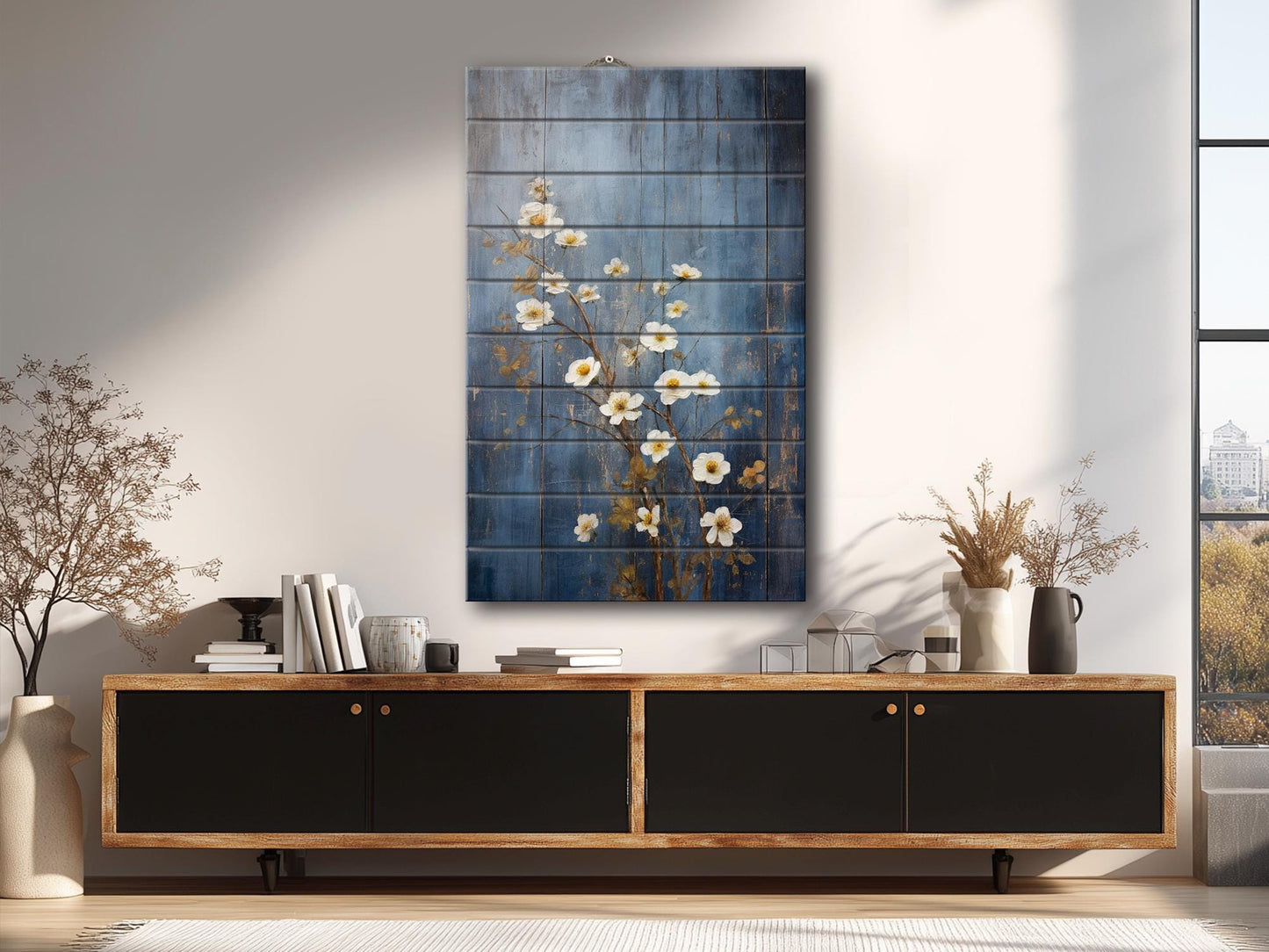 Rustic Floral Wall Art - White Blossoms Print on Natural Wood Plank Art