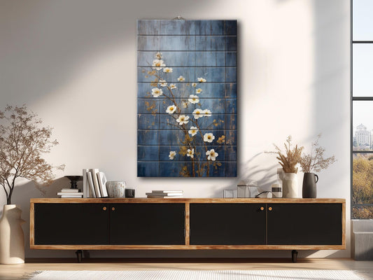 Rustic Floral Wall Art - White Blossoms Print on Natural Wood Plank Art