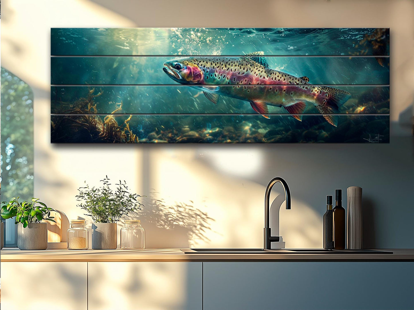 Rainbow Trout Wall Art – Wooden Wall Decor | Abstract Fish Poster on Wood Planks