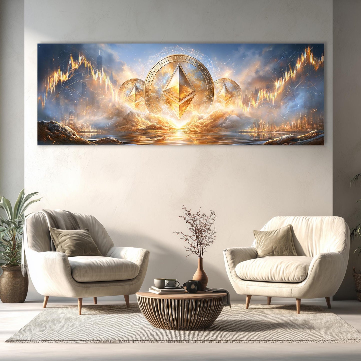 a large, colorful painting of a landscape with mountains, clouds, and a golden triangle-shaped object in the center. The painting is displayed on a wall above a living room setting with two white armchairs and a coffee table.