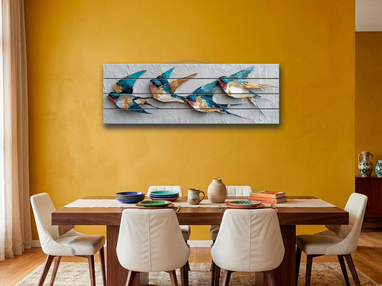 Flying Swallows Print on Natural Wood, Rustic Spring Wall Art