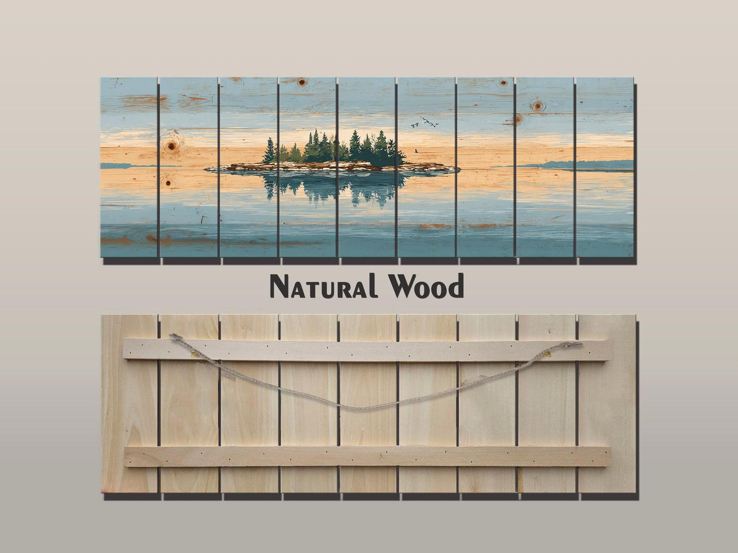 Lake Island Wood Art – Rustic Wood Wall Art with Serene Lake Landscape