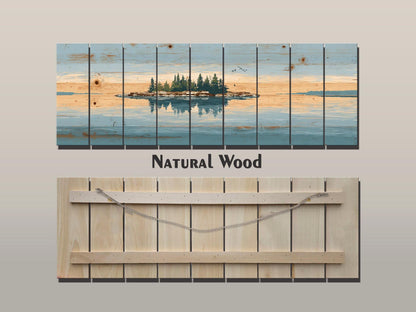 Lake Island Wood Art – Rustic Wood Wall Art with Serene Lake Landscape