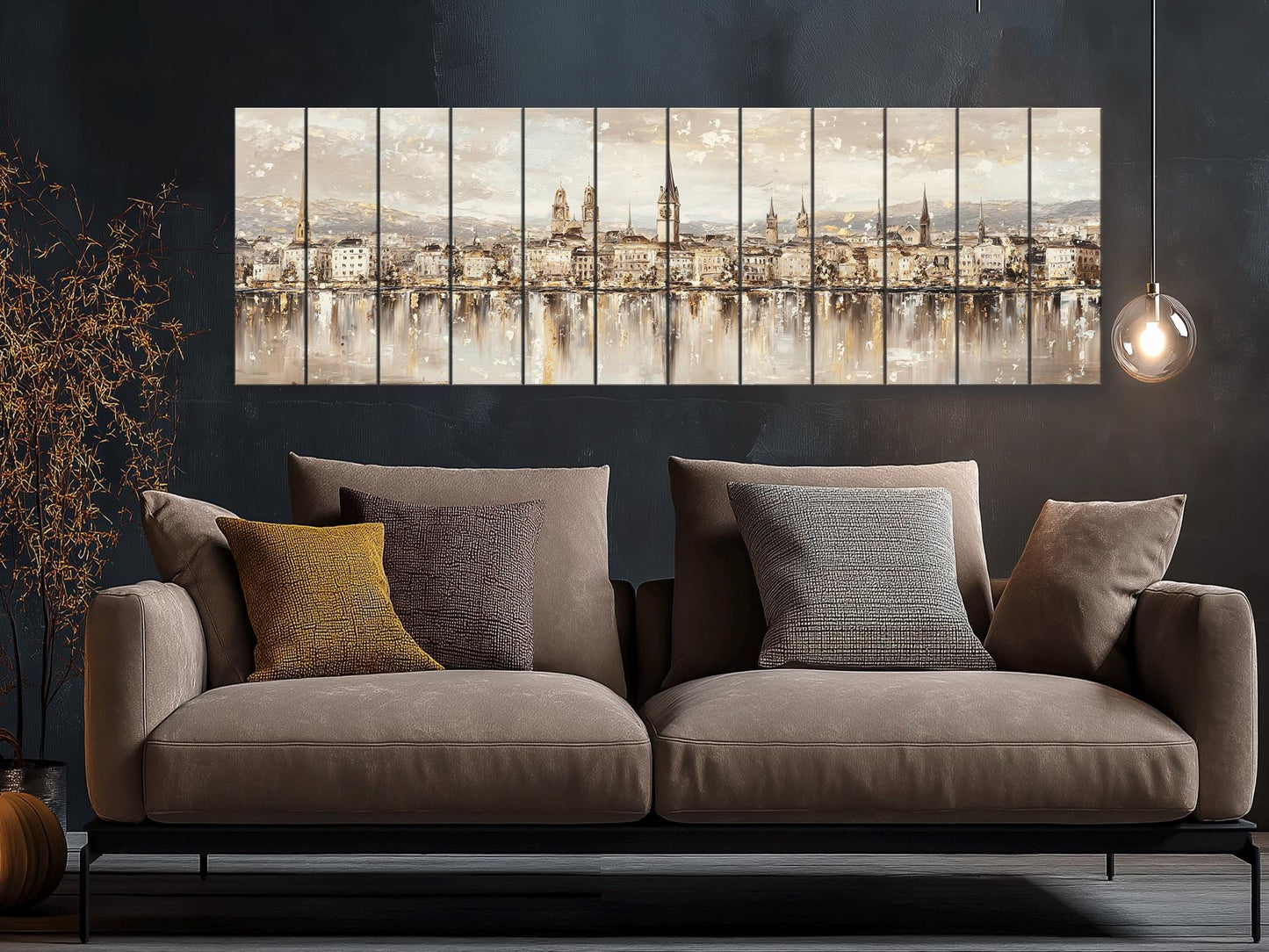 Zurich Skyline Wood Print – Rustic Wall Art with Lake Reflections Painting
