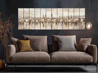 Zurich Skyline Wood Print – Rustic Wall Art with Lake Reflections Painting