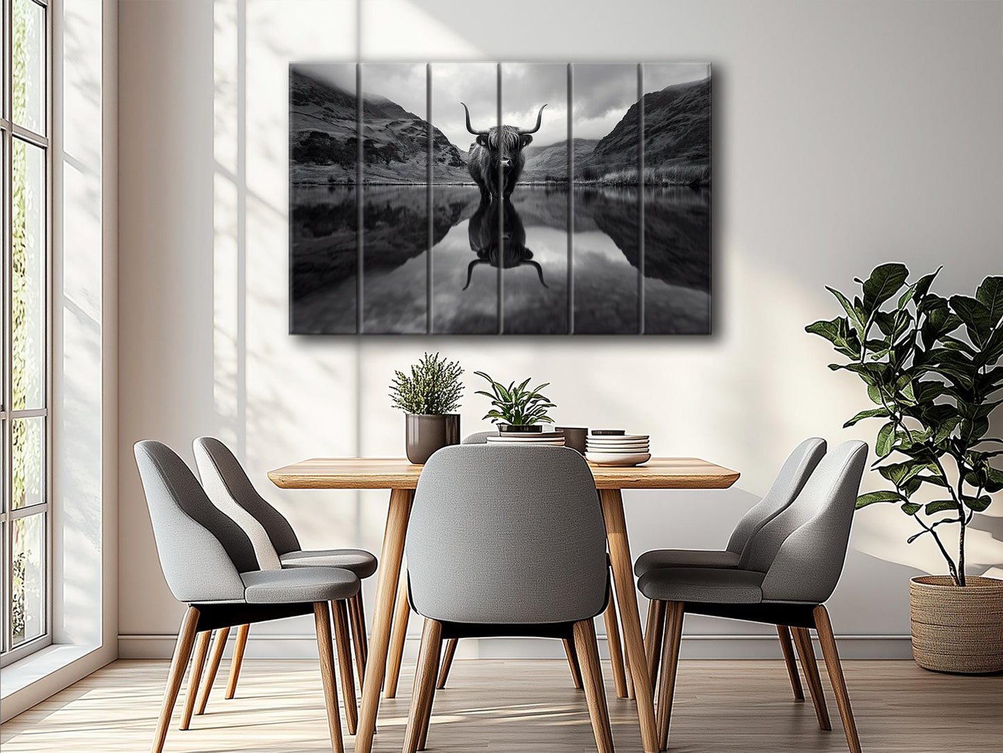 Wood Wall Art | Highland Cow Mountains Print on Natural Wood Planks - Rustic Farmhouse Decor