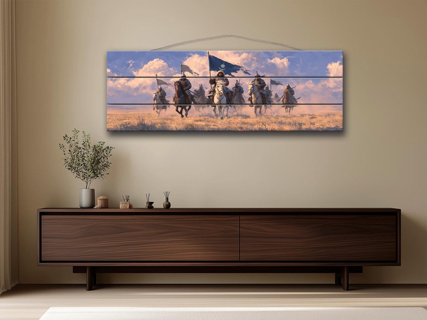 Genghis Khan Wood Print - Mongol Army Art on Natural Wood Texture | Ready to Hang